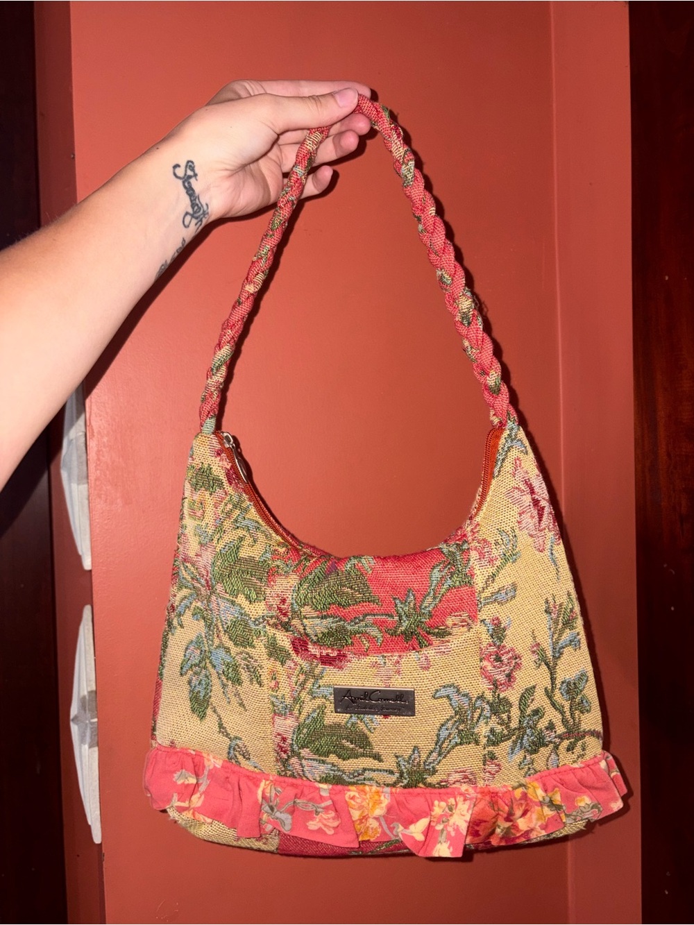 Vintage April Cornell Isabellas Journey floral tapestry bag with braided strap